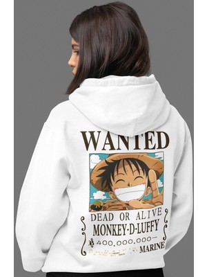 Sevbano Wanted Monkey D. Luffy One Piece Anime Sırt Baskılı Unisex Oversize Penye Hoodie