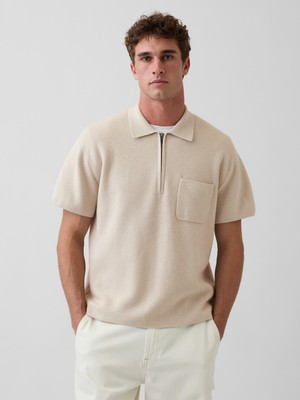 Gap Erkek Bej Oversized Yarım Fermuarlı Cepli Triko Polo T-Shirt