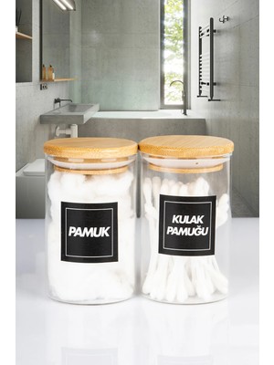 Naturelove 2'li Bambu Vakumlu Kapaklı Kulak Pamuğu ve Pamuk Kavanozu Borosilikat Cam 250 ml