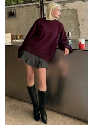 Madmext Mürdüm Renkli Kadın Oversize Triko Kazak Fermuarlı Yaka Düz Desenli S Beden