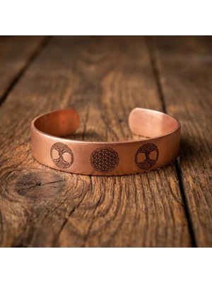 Zib Grips Velvet Copper Yaşam Çiçeği ve Hayat Ağacı Saf Bakır El Yapımı Boho Bilezik Spiritüel Hediye Unisex