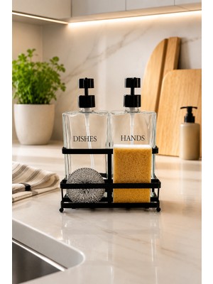 Emba Home 2'li 500 ml Cam Sabunluk Seti Metal Standlı | Mutfak Deterjanlık ve El Sabunluğu | Tezgah Üstü Organizer | Sünger ve Tel Hediyeli