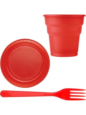 Best Parti Kırmızı Renk 25'li Plastik Tabak Bardak Çatal Seti