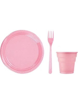 Rönesans Parti Pembe Renk 25'li Plastik Tabak Bardak Çatal Seti