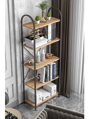 Reyo Falez 5 Geniş Raflı Kitaplık Metal Çerçeveli Modern Raf Çalışma Odası Ofis Salon Kitaplığı Evrak Rafı 180 cm Atlantik Çam