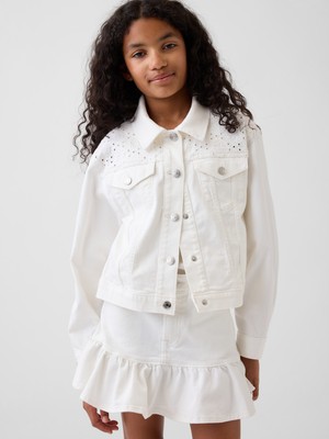 Gap Kız Çocuk Beyaz Eyelet Denim Ceket