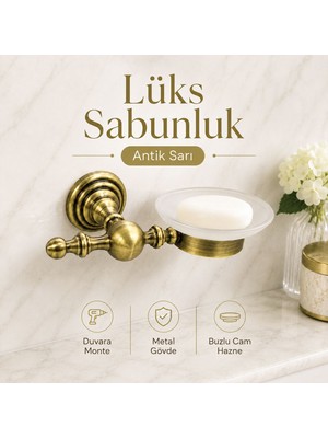 Badem10 Antik Sarı Lüks Sabunluk Şık Banyo Lavabo Aksesuarı Dekoratif Sabun Koyma Aparatı Dekoratif