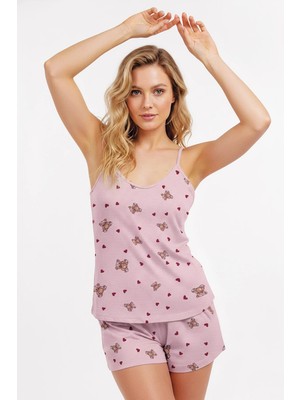 Kompedan Kadın Ip Askılı Yumuşak Dokulu Ayıcık Desenli Şortlu Pjama Takım | Pembe SS26 70111-4603