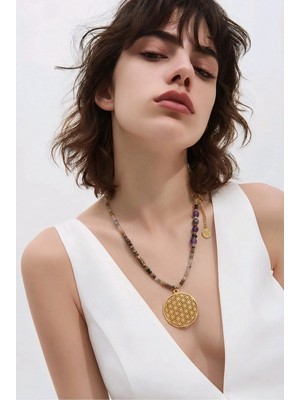 Delta Handmade Kolye | Ametist, Jasper, Hematit Taşı, Altın Kaplama Yaşam Çiçeği Kolye Ucu, Yarı Değerli Taş
