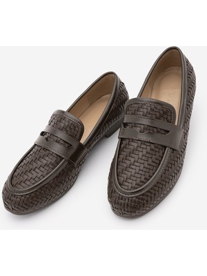 Marjin Kadın Loafer Makosen Örgü Desen Günlük Ayakkabı Karnel Kahve