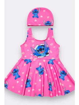 Cg Kids Stitch Baskılı  Kız Çocuk Etekli Mayo ve Bone Seti - Pembe