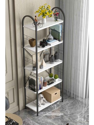 Reyo Falez 5 Geniş Raflı Kitaplık Metal Çerçeveli Modern Raf Çalışma Odası Ofis Salon Kitaplığı Evrak Rafı 180 cm Beyaz