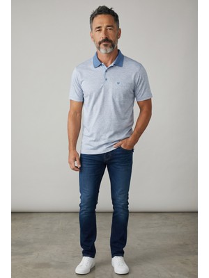 Erkek Simenti Fitilli Yakalı Penye Baba Mavi Tshirt