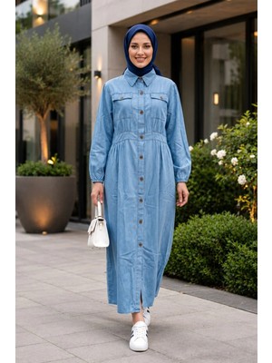 Harma Time Butik Kadın Düğmeli Açık Mavi Kot Tesettür Elbise