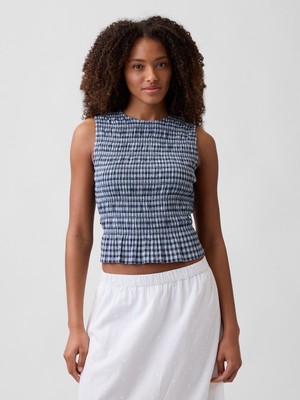 Gap Kadın Mavi Smocked Gingham Crop Peplum Üst