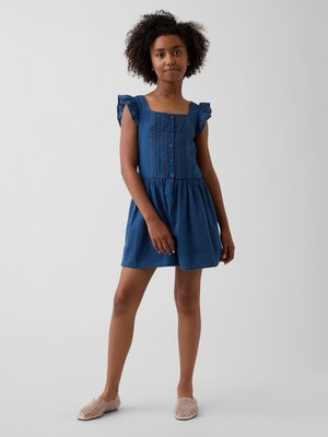 Gap Kız Çocuk Mavi Flutter-Sleeve Dantel Kenar Detaylı Elbise