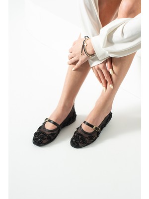 Duxal Shoes Rose Kadın Inci Işlemeli Tül Babet Çiçek Nakışlı Mary Jane Ayakkabı