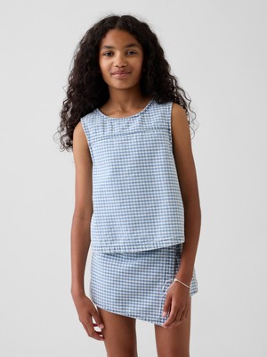 Gap Kız Çocuk Mavi Gingham Denim Shell Askılı Üst