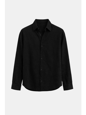 Vamos Basic Keten Oversize Gömlek Siyah