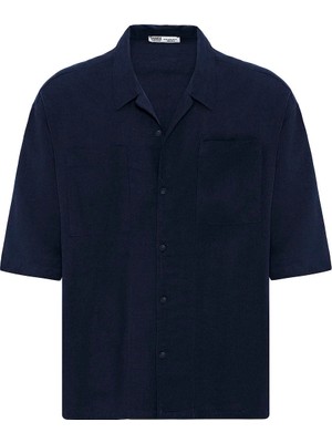 Çift Cepli Oversize Keten Gömlek Lacivert