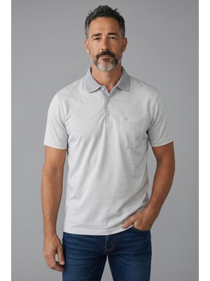 Erkek Simenti Fitilli Yakalı Penye Baba Gri Tshirt