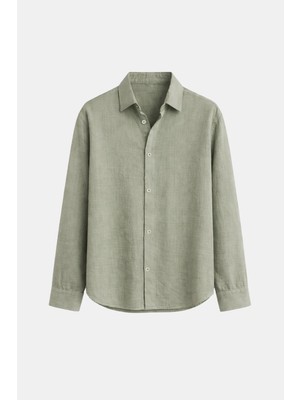 Vamos Basic Keten Oversize Gömlek Haki