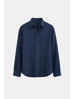 Vamos Basic Keten Oversize Gömlek Lacivert