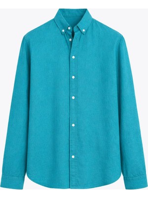 Basic Oversize Pamuk  Keten Gömlek Açık Turkuaz