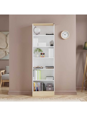 Adore Mobilya Base 6 Raflı Kitaplık -Italyan Meşe-Mat Beyaz 60X197X26 cm (Gxyxd)