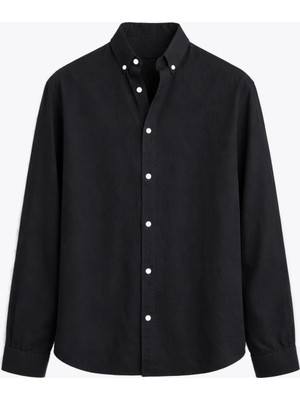Basic Oversize Pamuk  Keten Gömlek Siyah