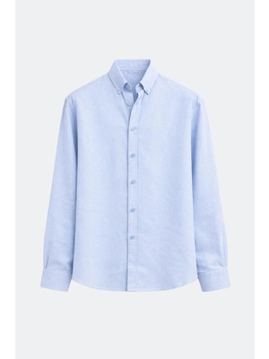 %100 Keten Oversize Uzun Kollu Gömlek Bebe Mavi