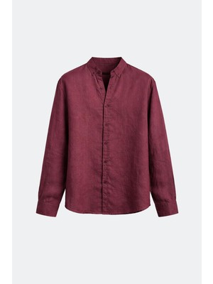 %100 Keten Oversize Uzun Kollu Gömlek Bordo