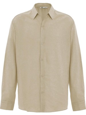 Vamos Basic Oversize Uzun Kollu Keten Gömlek Naturel