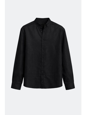 %100 Keten Oversize Uzun Kollu Gömlek Siyah