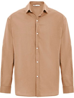 Basic Oversize Pamuk  Keten Gömlek Camel