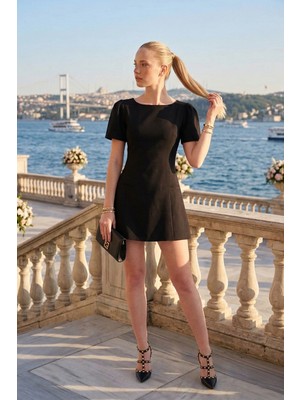 Lela Kayık Yaka Balon Kol Mini Davet Elbise Bayan Elbise 6525735