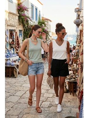 Lela Slim Fit V Yaka Kalın Askılı 2' Li Paket Bluz Bayan Bluz 5864384S2