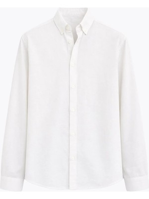 Basic Oversize Pamuk  Keten Gömlek Beyaz