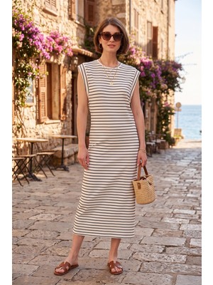 Lela Çizgili Regular Fit Kolsuz Bisiklet Yaka Midi Boy Elbise Bayan Elbise 5866107