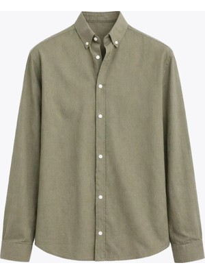 Basic Oversize Pamuk  Keten Gömlek Haki