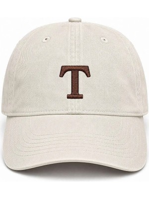 Tesbihname Unisex Vintage Beyzbol Şapkası - Isme Özel Harf Nakışlı - Eskitme Kumaş - Krem Rengi - Metal Tokalı