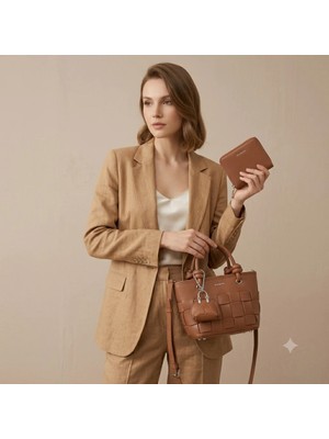 Nas Bag Premium Şık Örgü Detaylı Kadın 2 Li Set ve Charmlı ve Cüzdanlı  El ve Çapraz Çanta Taba