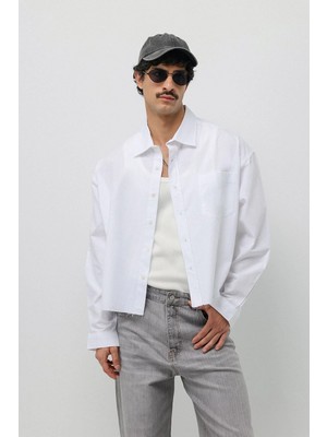 Vamos Keten Boxy Fit Crop Gömlek Beyaz
