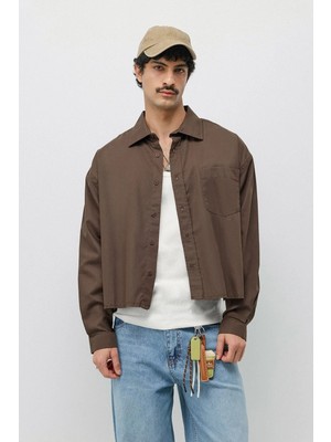 Vamos Keten Boxy Fit Crop Gömlek Kahve