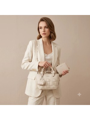 Nas Bag Premium Şık Kadın 2 Li Set ve Charmlı ve Cüzdanlı  El ve Çapraz Çanta Krem