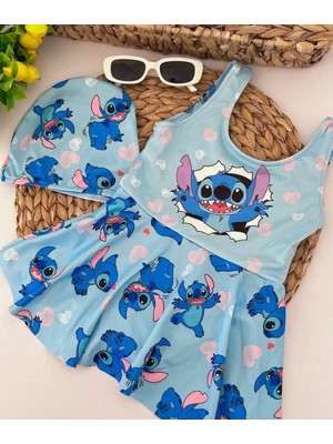 Cg Kids Stitch Baskılı Kız Çocuk Etekli Mayo ve Bone Seti - Mavi