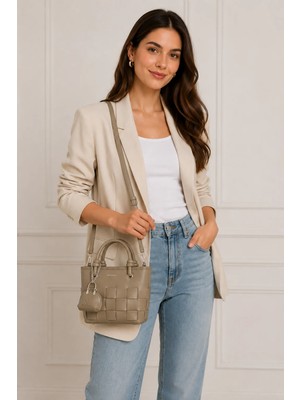 Nas Bag Premium Şık Kadın 2 Li Set ve Charmlı ve Cüzdanlı  El ve Çapraz Çanta Haki