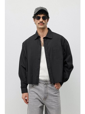Vamos Keten Boxy Fit Crop Gömlek Siyah