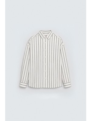 Vamos Çizgili Oversize Gömlek Beyaz