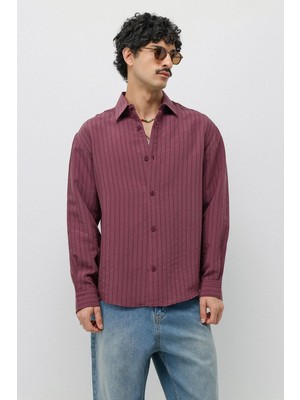 Vamos Ince Çizgili Modal Karışımlı Oversize Gömlek Bordo